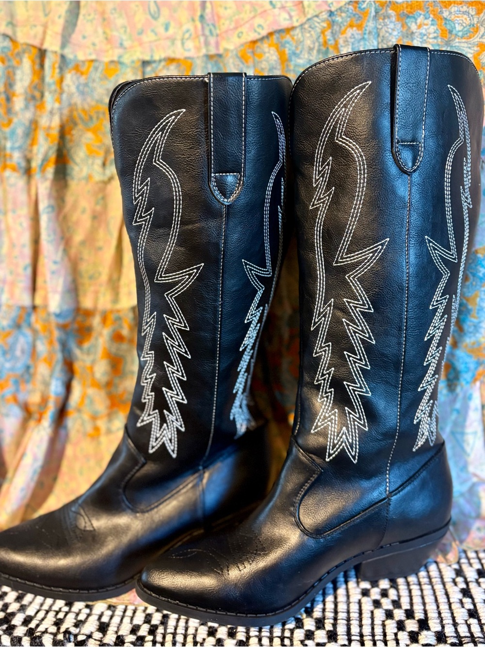 SODA Black Western Knee-High Boots with White Stitching